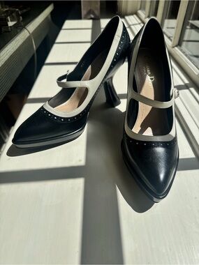 Dior Black and White Mary Jane Pointed Pumps with Strap